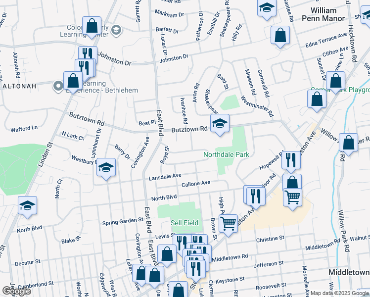 map of restaurants, bars, coffee shops, grocery stores, and more near 1741 Levering Place in Bethlehem