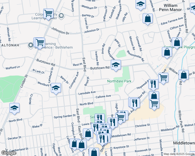 map of restaurants, bars, coffee shops, grocery stores, and more near 1741 Levering Place in Bethlehem