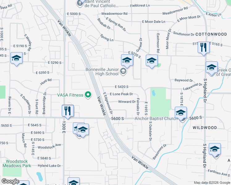 map of restaurants, bars, coffee shops, grocery stores, and more near 1541 East Lone Peak Drive in Holladay