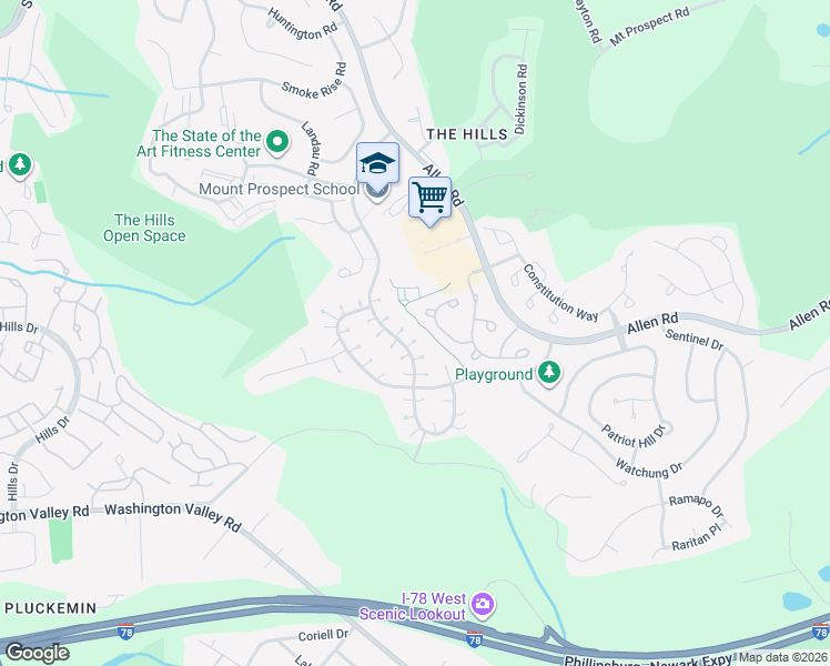 map of restaurants, bars, coffee shops, grocery stores, and more near 18 Hansom Road in Basking Ridge