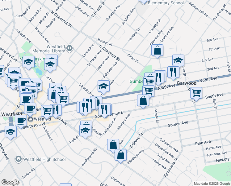 map of restaurants, bars, coffee shops, grocery stores, and more near 552-556 North Avenue East in Westfield