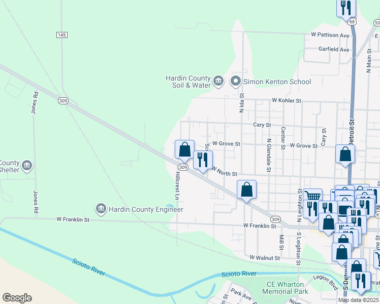 map of restaurants, bars, coffee shops, grocery stores, and more near 1125 W North St in Kenton