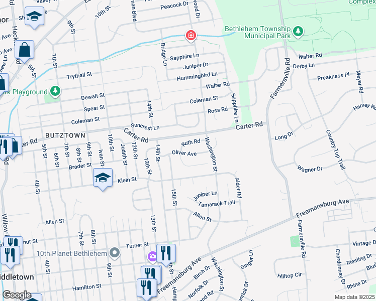 map of restaurants, bars, coffee shops, grocery stores, and more near 4045 Oliver Avenue in Bethlehem