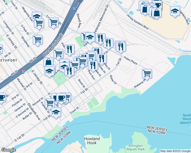 map of restaurants, bars, coffee shops, grocery stores, and more near 145 Port Avenue in Elizabeth