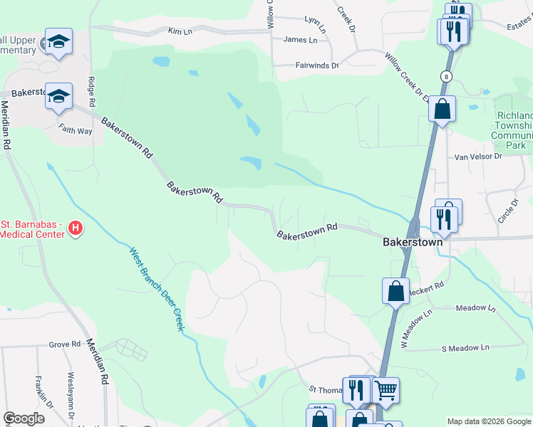 map of restaurants, bars, coffee shops, grocery stores, and more near 3745 Bakerstown Road in Gibsonia