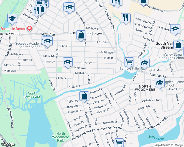 map of restaurants, bars, coffee shops, grocery stores, and more near 149-59 258th Street in Queens