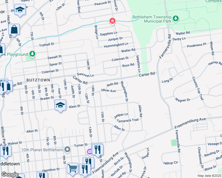 map of restaurants, bars, coffee shops, grocery stores, and more near 4045 Oliver Avenue in Bethlehem