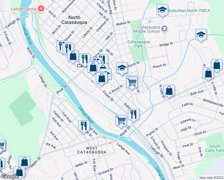map of restaurants, bars, coffee shops, grocery stores, and more near 126 East Wood Street in Catasauqua
