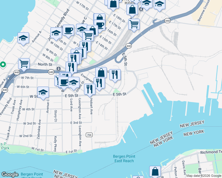 map of restaurants, bars, coffee shops, grocery stores, and more near 137 East 5th Street in Bayonne