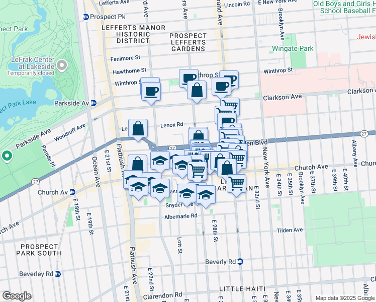 map of restaurants, bars, coffee shops, grocery stores, and more near 801 Rogers Avenue in Brooklyn
