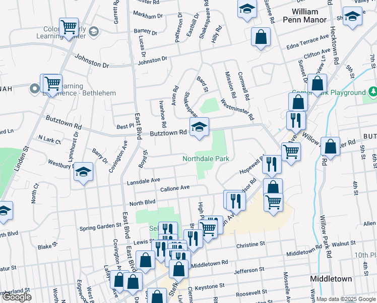 map of restaurants, bars, coffee shops, grocery stores, and more near 1869 Levering Place in Bethlehem