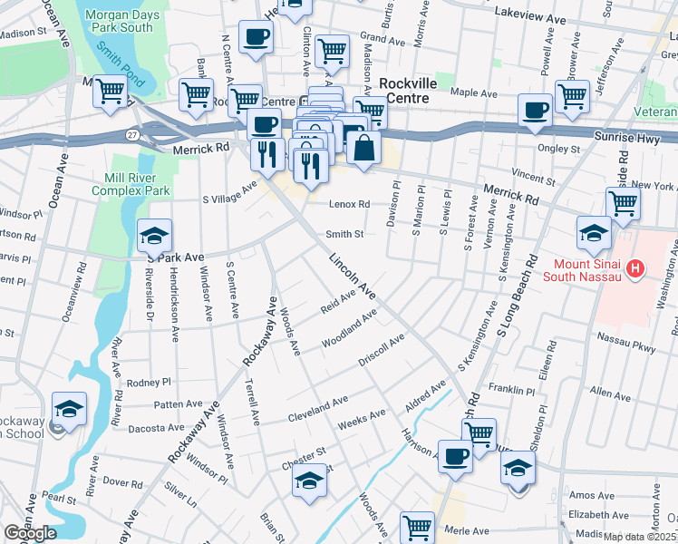 map of restaurants, bars, coffee shops, grocery stores, and more near 174 Lincoln Avenue in Rockville Centre