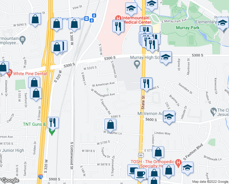 map of restaurants, bars, coffee shops, grocery stores, and more near 44 West Washington Avenue in Murray