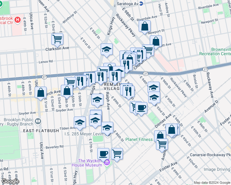 map of restaurants, bars, coffee shops, grocery stores, and more near 40 East 89th Street in Brooklyn