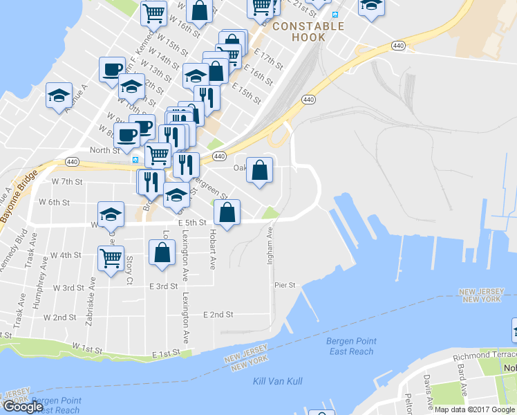 map of restaurants, bars, coffee shops, grocery stores, and more near 137 East 5th Street in Bayonne