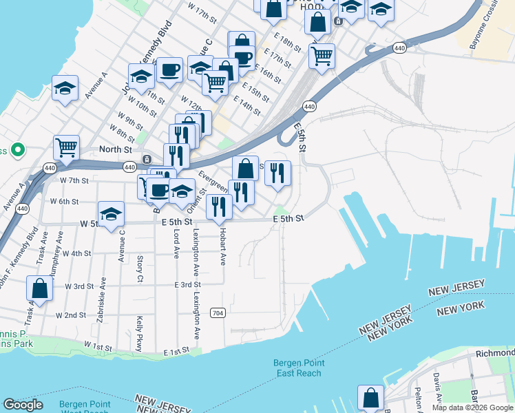 map of restaurants, bars, coffee shops, grocery stores, and more near 115-123 East 5th Street in Bayonne