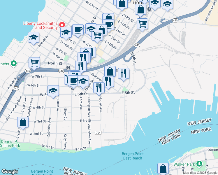 map of restaurants, bars, coffee shops, grocery stores, and more near 115-123 East 5th Street in Bayonne