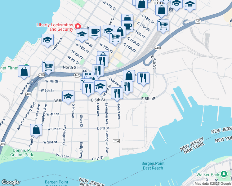 map of restaurants, bars, coffee shops, grocery stores, and more near 141 Hobart Avenue in Bayonne