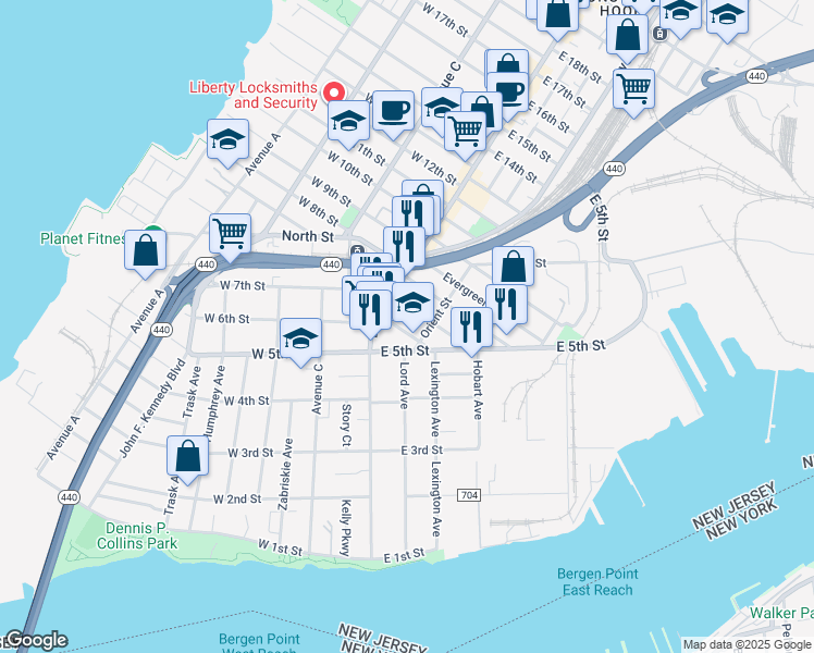 map of restaurants, bars, coffee shops, grocery stores, and more near 5 East 5th Street in Bayonne