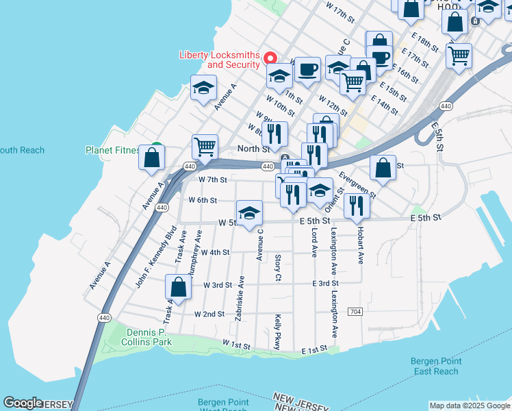 map of restaurants, bars, coffee shops, grocery stores, and more near 156 Avenue C in Bayonne