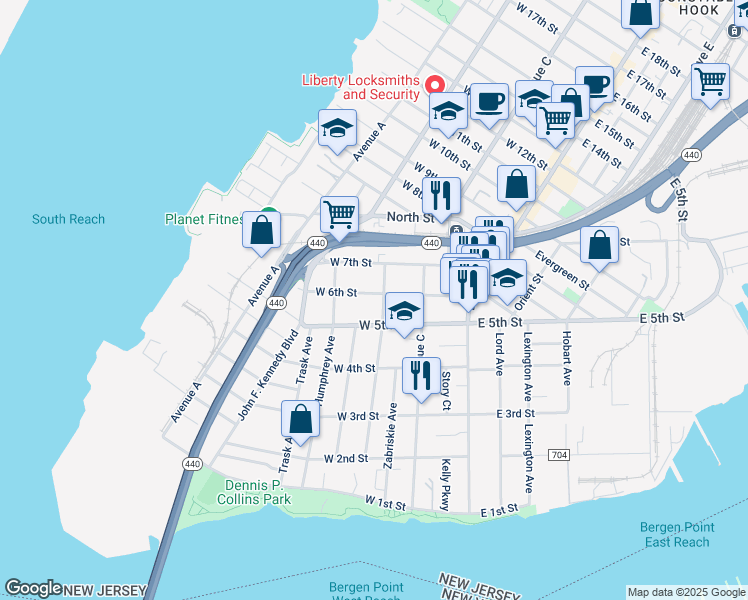 map of restaurants, bars, coffee shops, grocery stores, and more near 91 West 5th Street in Bayonne
