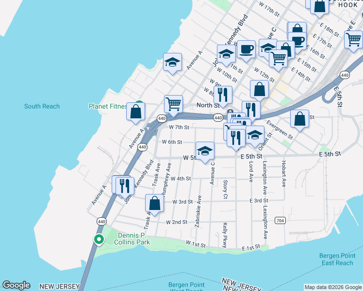 map of restaurants, bars, coffee shops, grocery stores, and more near 91 West 5th Street in Bayonne