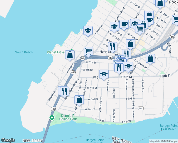 map of restaurants, bars, coffee shops, grocery stores, and more near 91 West 5th Street in Bayonne