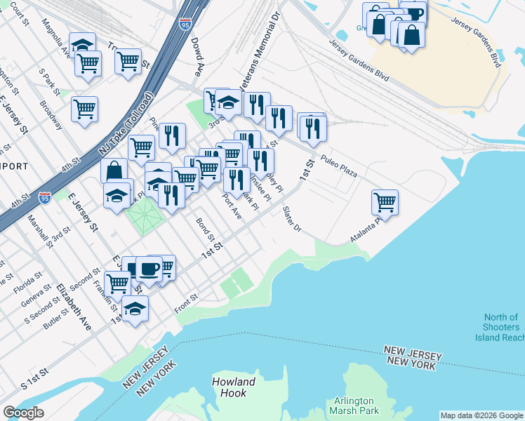 map of restaurants, bars, coffee shops, grocery stores, and more near 100 Clark Place in Elizabeth