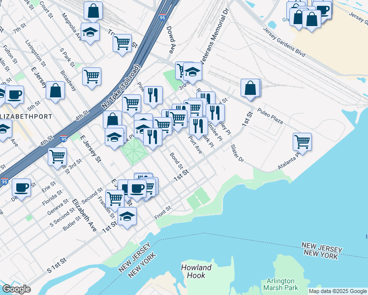 map of restaurants, bars, coffee shops, grocery stores, and more near 136 Pine Street in Elizabeth