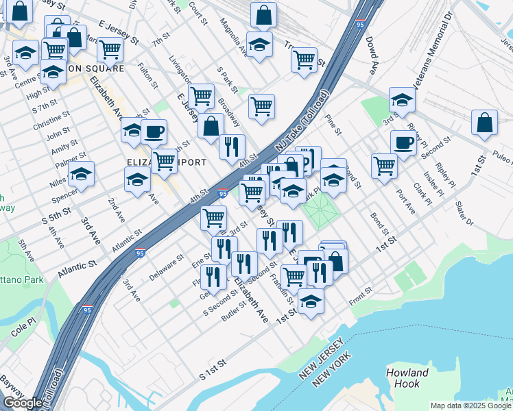 map of restaurants, bars, coffee shops, grocery stores, and more near in Elizabeth