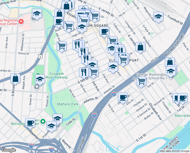map of restaurants, bars, coffee shops, grocery stores, and more near 234 Loomis Street in Elizabeth