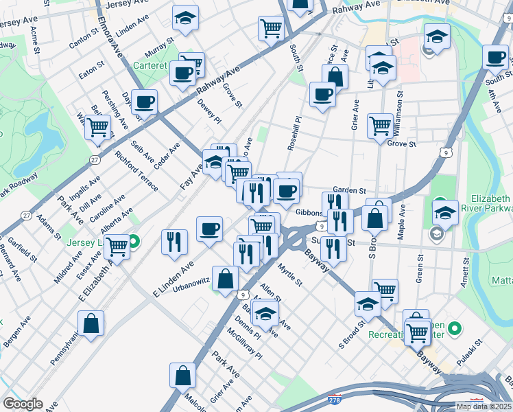 map of restaurants, bars, coffee shops, grocery stores, and more near 936-938 South Elmora Avenue in Elizabeth