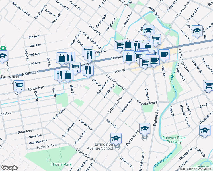 map of restaurants, bars, coffee shops, grocery stores, and more near 90 Benjamin Street in Cranford