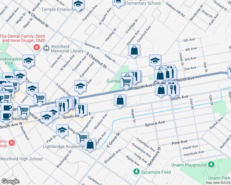 map of restaurants, bars, coffee shops, grocery stores, and more near 608-710 North Avenue E in Westfield