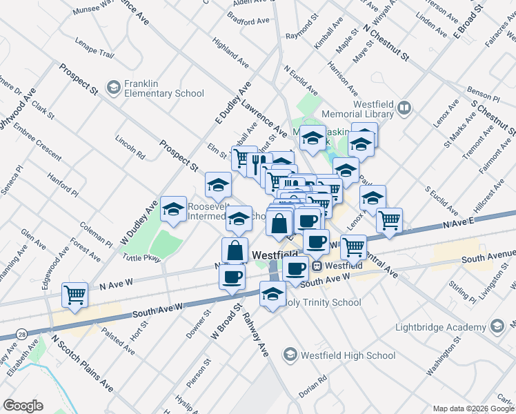 map of restaurants, bars, coffee shops, grocery stores, and more near 115 Ludlow Place in Westfield