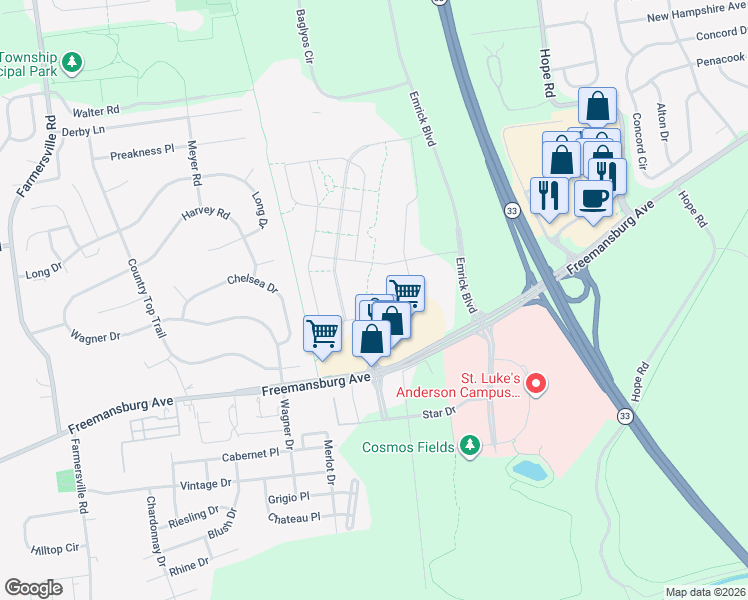 map of restaurants, bars, coffee shops, grocery stores, and more near 4773 Freemansburg Avenue in Easton