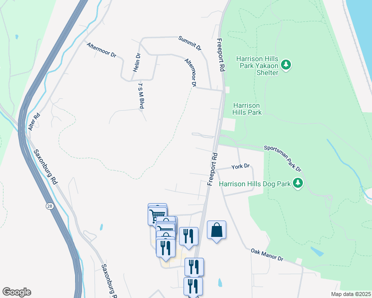 map of restaurants, bars, coffee shops, grocery stores, and more near 5021 Freeport Road in Natrona Heights