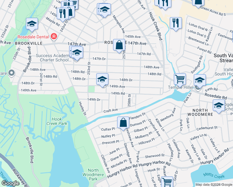 map of restaurants, bars, coffee shops, grocery stores, and more near 149-46 257th Street in Queens