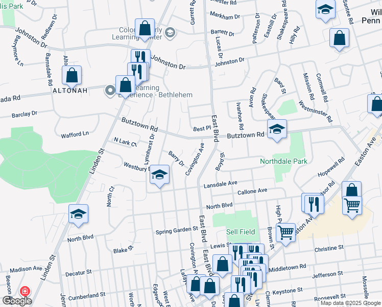 map of restaurants, bars, coffee shops, grocery stores, and more near 1530 Covington Place in Bethlehem