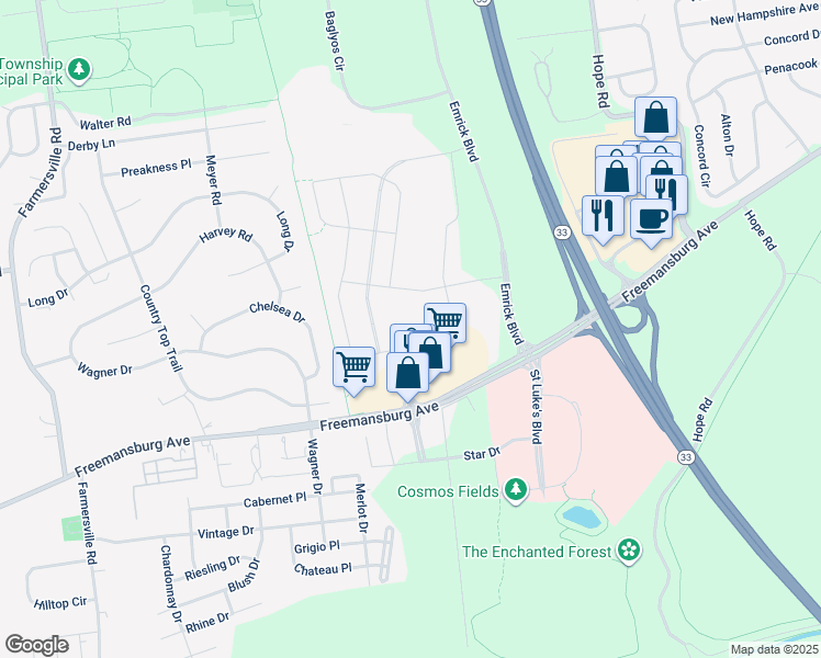 map of restaurants, bars, coffee shops, grocery stores, and more near 4883 Riley Road in Bethlehem