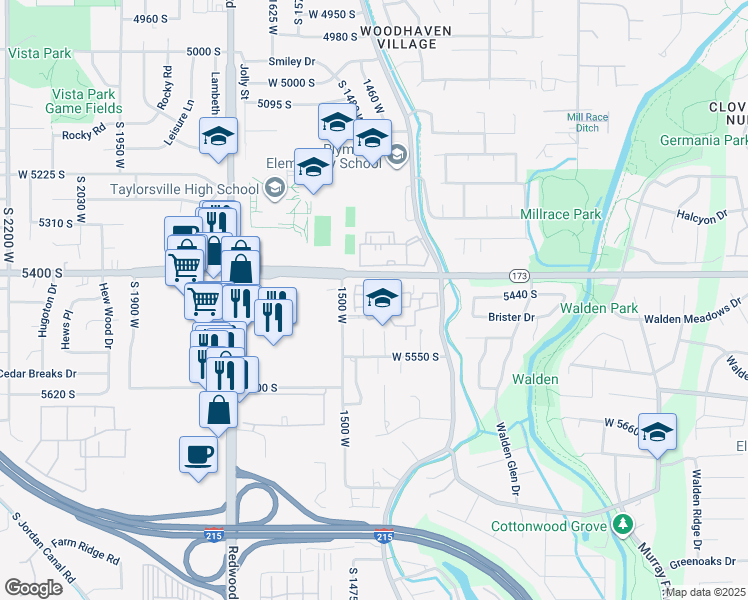 map of restaurants, bars, coffee shops, grocery stores, and more near 5449 South Coastal Court in Taylorsville