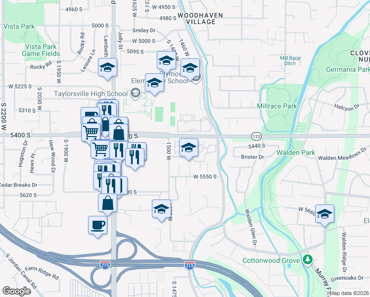 map of restaurants, bars, coffee shops, grocery stores, and more near 5449 South Coastal Court in Taylorsville