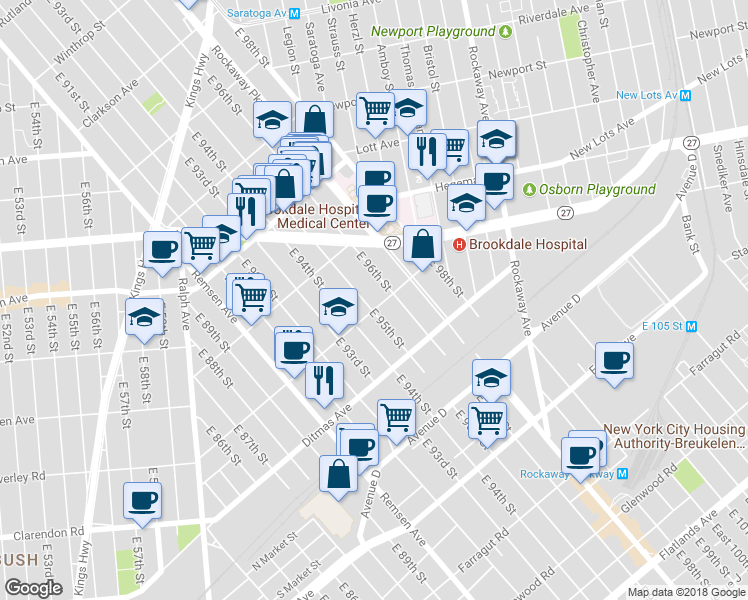 map of restaurants, bars, coffee shops, grocery stores, and more near 9509 Avenue B in Brooklyn