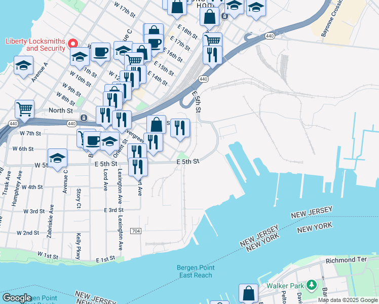 map of restaurants, bars, coffee shops, grocery stores, and more near 38 Isabella Avenue in Bayonne