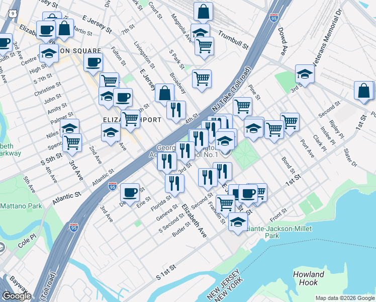 map of restaurants, bars, coffee shops, grocery stores, and more near 321 Fulton Street in Elizabeth