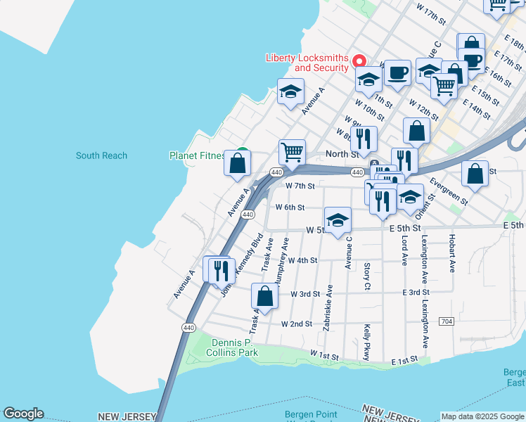 map of restaurants, bars, coffee shops, grocery stores, and more near 167 John Fitzgerald Kennedy Boulevard in Bayonne
