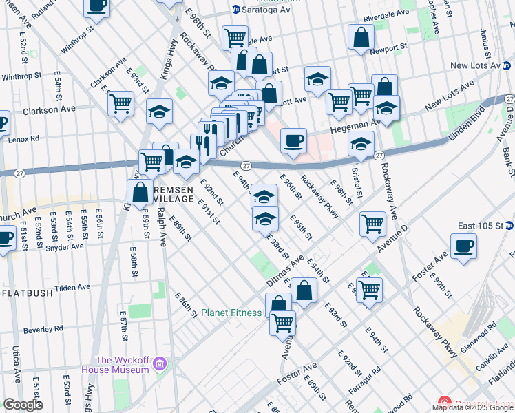 map of restaurants, bars, coffee shops, grocery stores, and more near 622 East 95th Street in Brooklyn