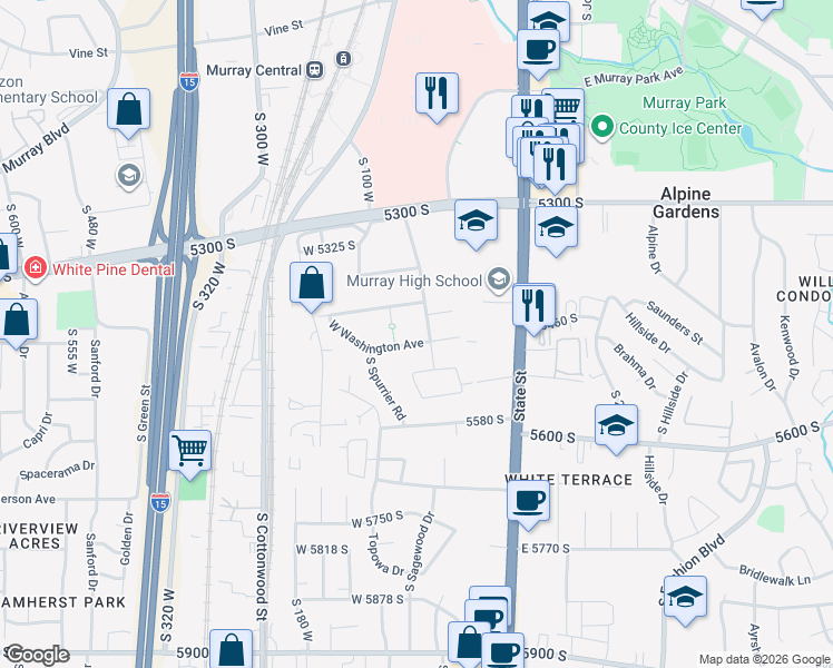 map of restaurants, bars, coffee shops, grocery stores, and more near 44 West Washington Avenue in Murray