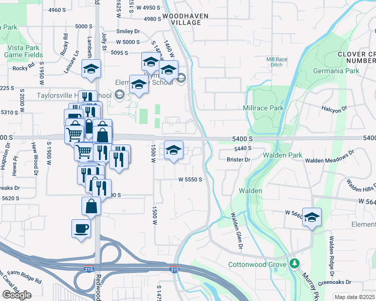 map of restaurants, bars, coffee shops, grocery stores, and more near 5435 South Break Water Drive in Taylorsville