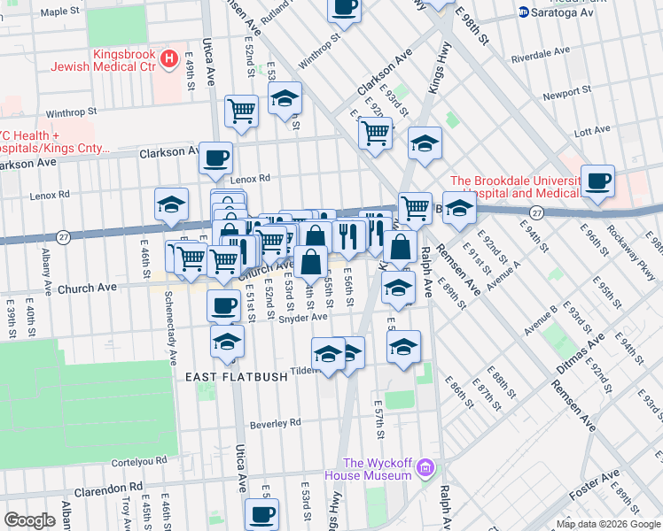 map of restaurants, bars, coffee shops, grocery stores, and more near 5504 Church Avenue in Brooklyn